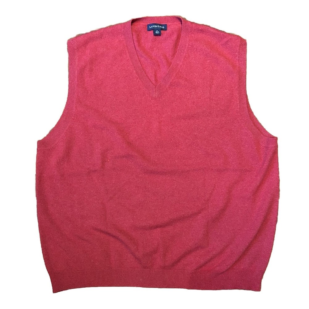 Lands' End Mens Large L Solid Red 100%‎ Cashmere Sweater Vest  V Neck READ